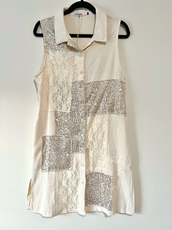 Origami Dresses & Skirts - ORIGAMI Cream Sleeveless Sequin & Lace Patchwork Dress/Duster with Side Pockets